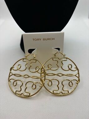 Tory Burch Openwork Gold Logo Circle Drop Earrings